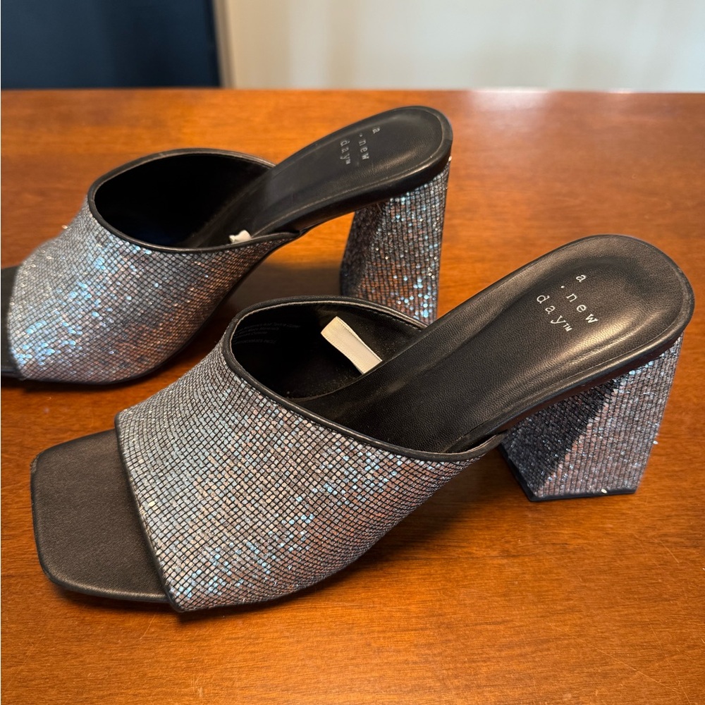 A New Day Women's Glittering Silver and Black Mules